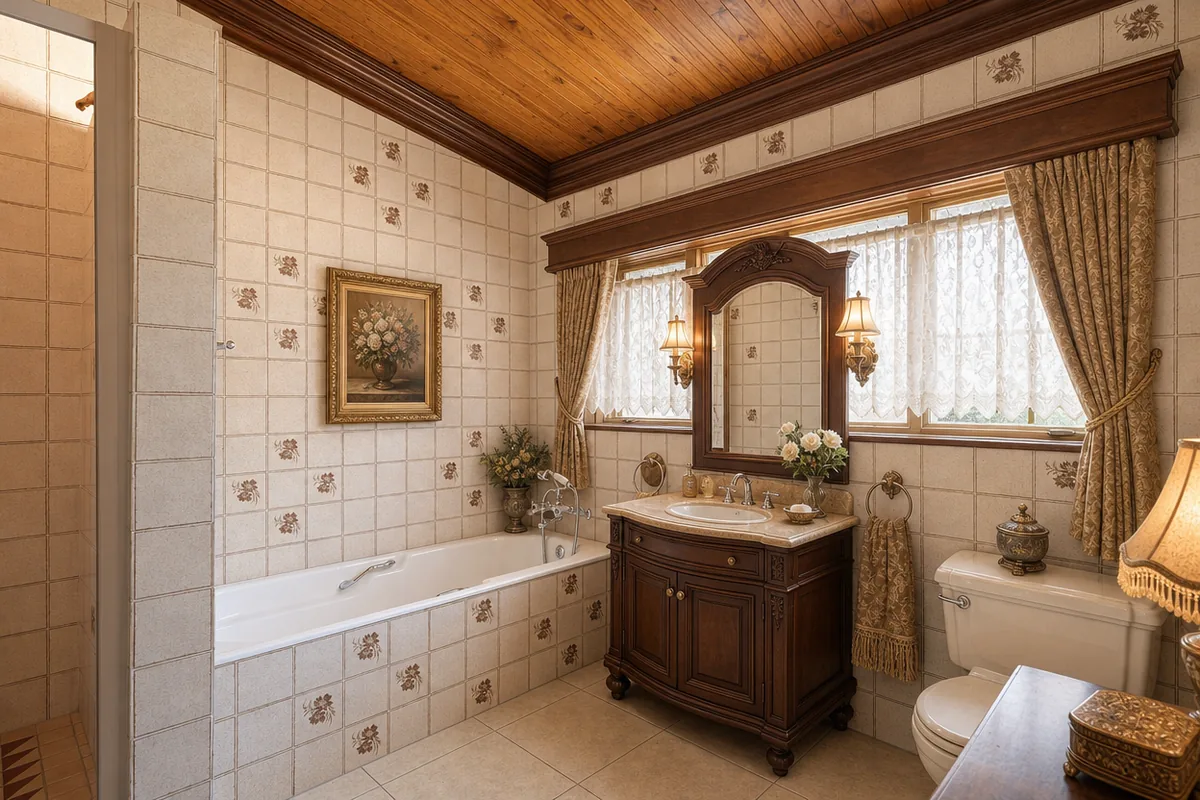 Same bathroom redesigned in traditional style with a carved wood vanity, framed mirror, wall sconces and drapes