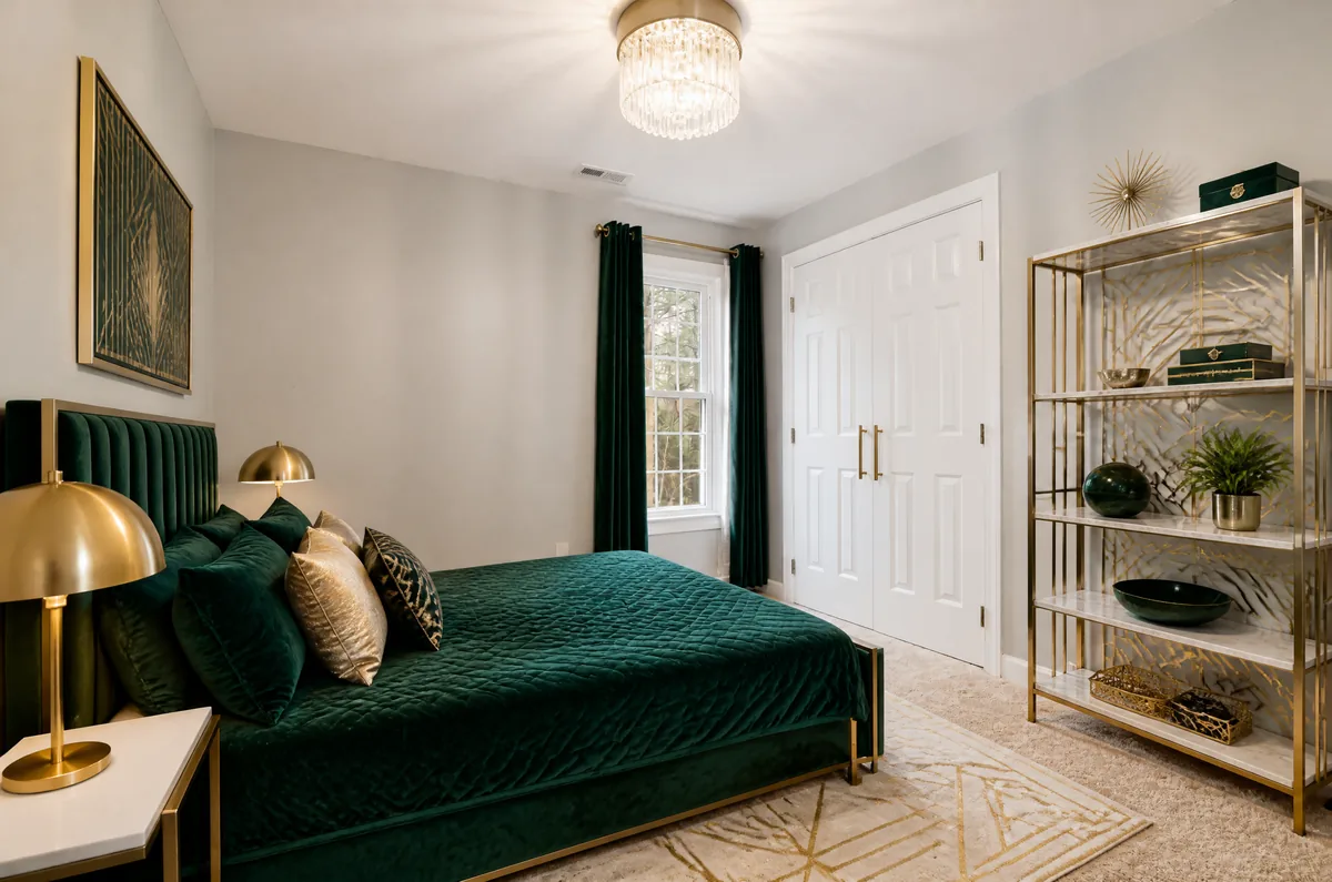 Same bedroom redesigned in luxury Art Deco style with an emerald velvet bed, brass lamp and gold geometric shelving