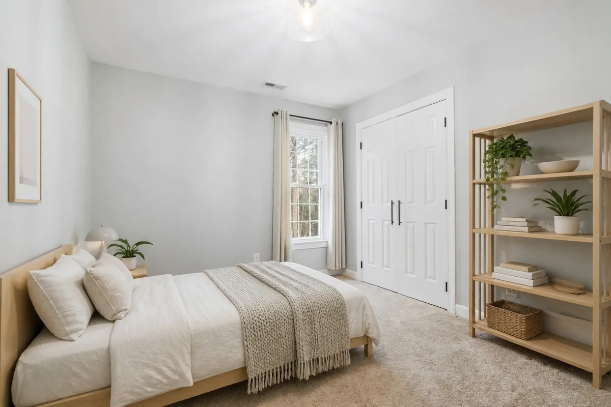 Same bedroom redesigned in Scandinavian style with a light oak bed, white linen bedding and an open oak shelf