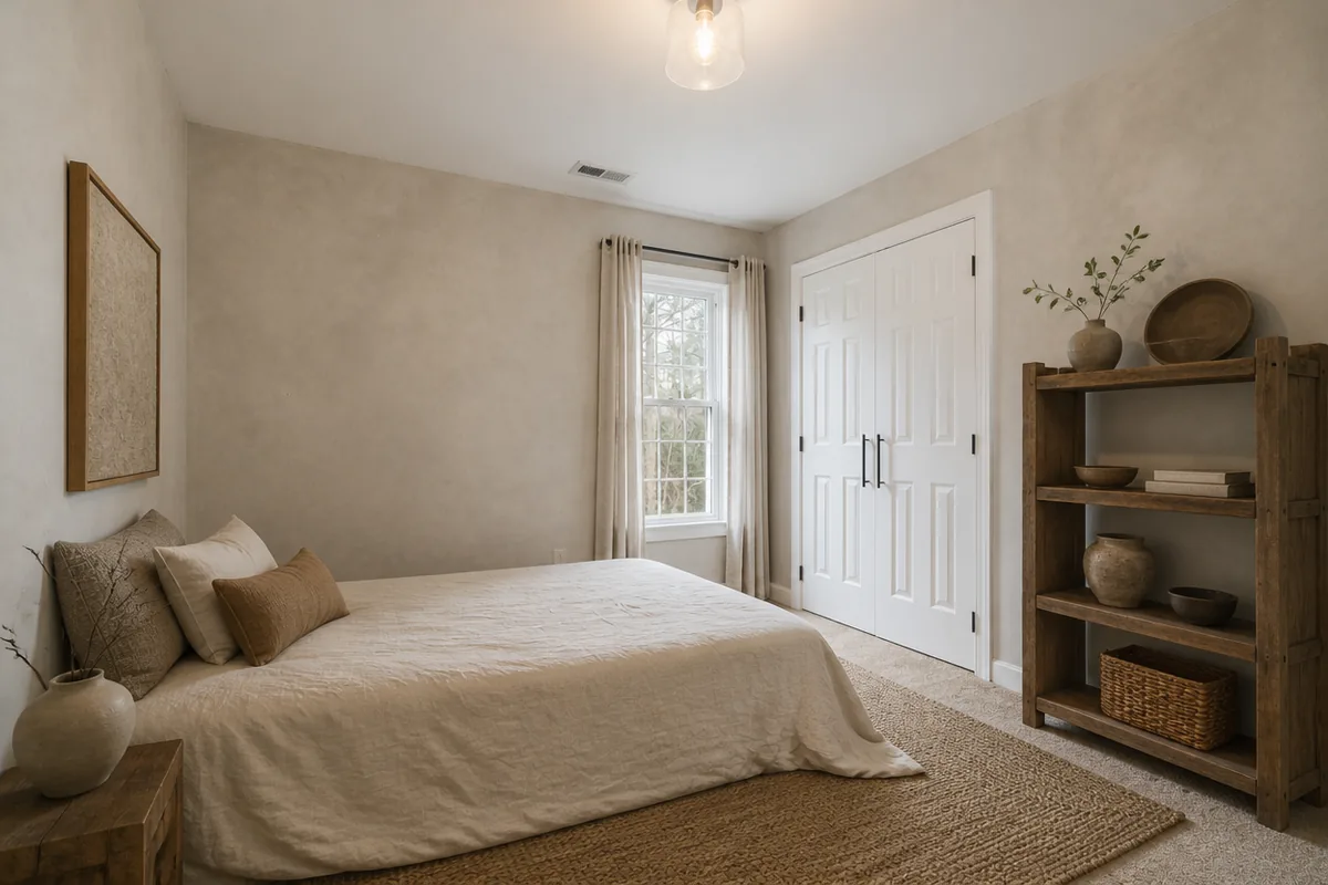 Same bedroom redesigned in wabi-sabi style with limewash walls, low linen bed, raw wood shelf and handmade ceramics