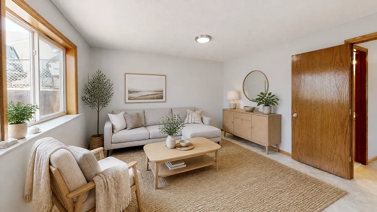 Same empty room furnished as a Scandinavian living room with a light grey sofa, oak coffee table and jute rug