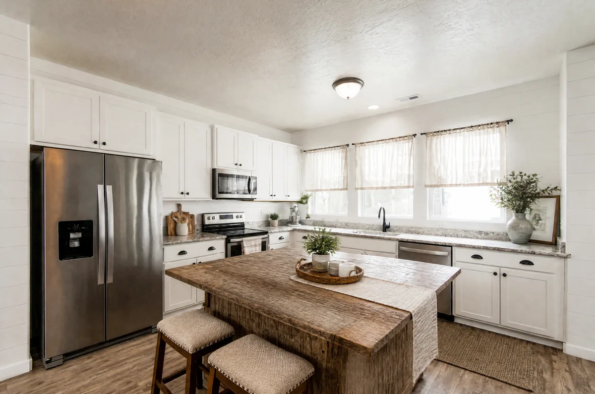 Same kitchen redesigned in modern farmhouse style with white shaker cabinets, shiplap walls and a reclaimed wood island