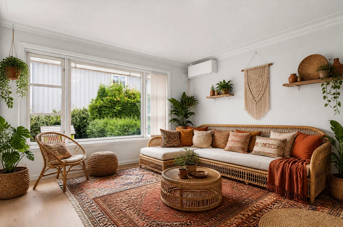 Same living room redesigned in boho style with a rattan sofa, macrame wall hanging, patterned rug and hanging plants