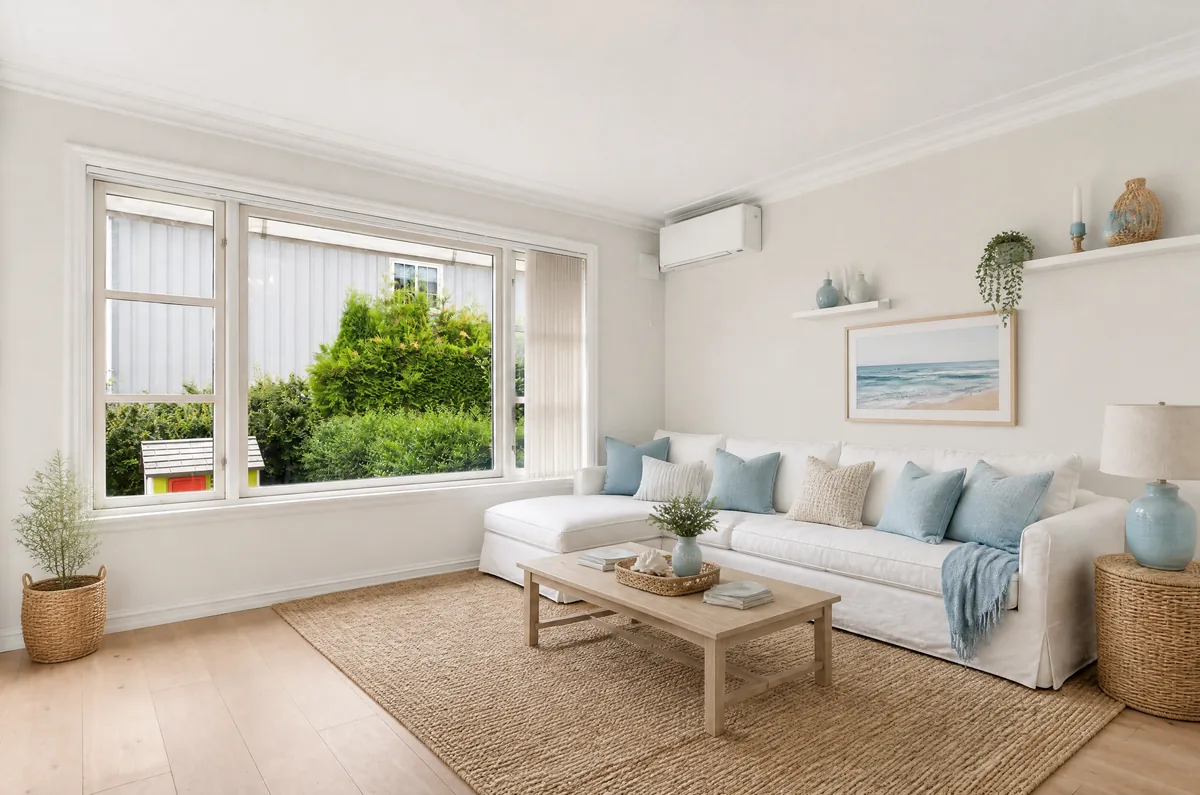 Same living room redesigned in coastal style with a white slipcover sofa, sea-blue pillows and a jute rug