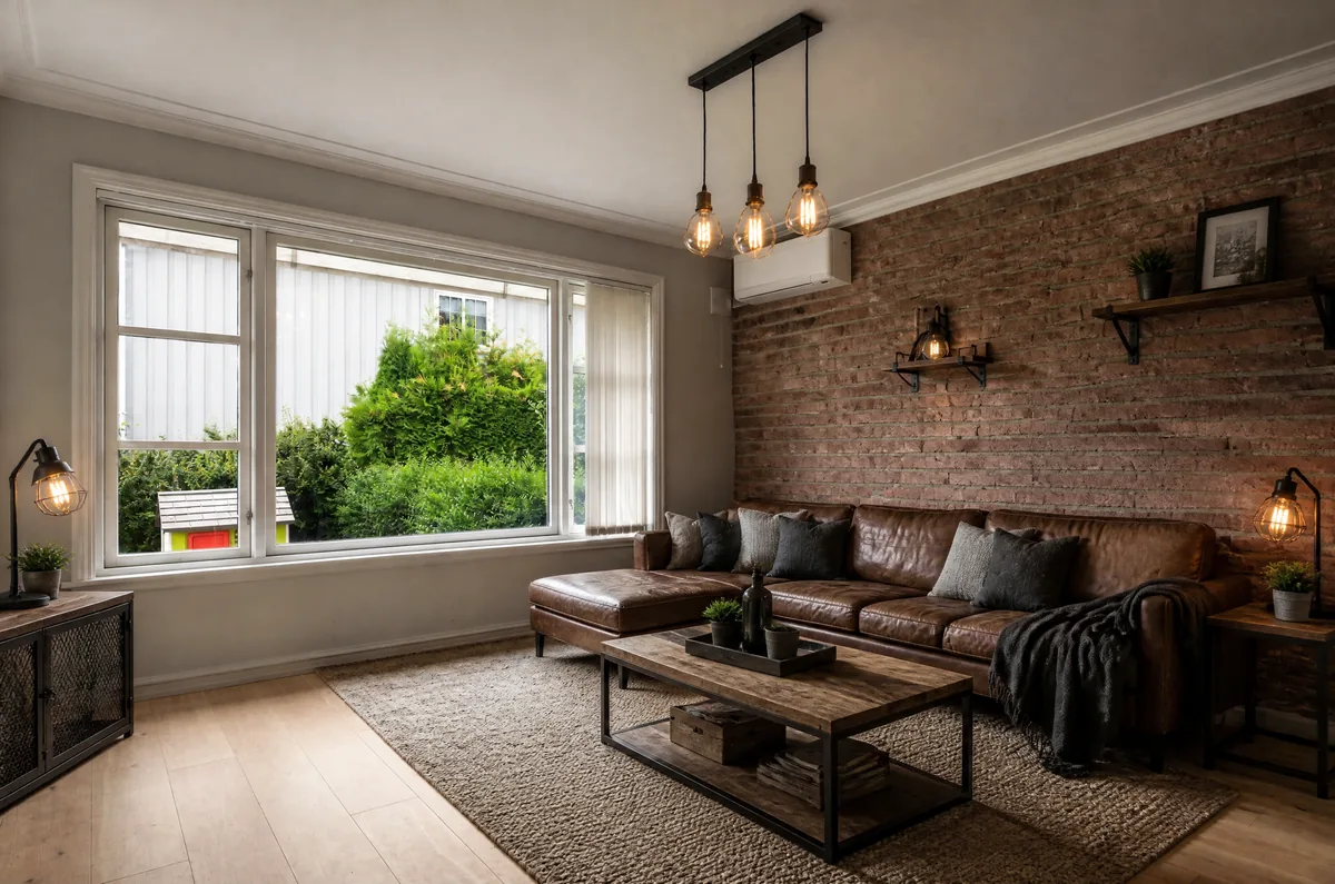 Same living room redesigned in industrial style with an exposed brick wall, brown leather sofa and Edison bulb pendants
