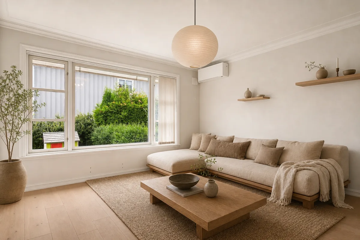 Same living room redesigned in Japandi style with a low oak sofa, paper pendant lamp and warm beige tones