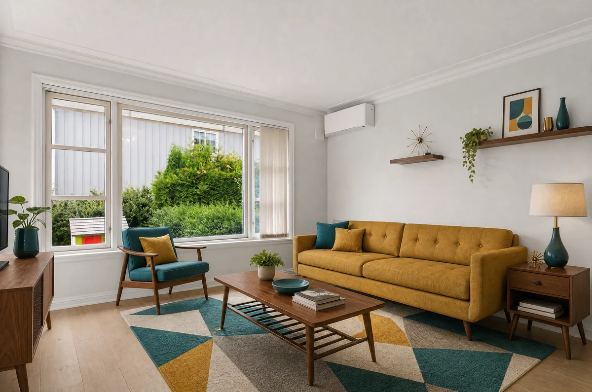 Same living room redesigned in mid-century modern style with a mustard sofa, walnut coffee table and teal geometric rug